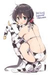  1girl akebono_(kantai_collection) animal_ears animal_print artist_name bell bikini commentary_request cow_ears cow_horns cow_print cow_tail dated ear_tag elbow_gloves fake_animal_ears fake_horns flower from_behind full_body gloves grey_eyes grey_hair hair_bell hair_flower hair_ornament horns kantai_collection long_hair odawara_hakone side-tie_bikini side_ponytail simple_background solo squatting swimsuit tail thigh-highs very_long_hair white_background white_bikini white_gloves white_legwear 