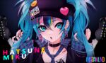  1girl absurdres artist_name bandaged_fingers bandages bandaid bandaid_on_hand black_hair black_headwear black_jacket black_nails blonde_hair blue_background blue_eyes blue_hair character_name choker collarbone ear_piercing earrings gradient gradient_background hair_between_eyes hat hatsune_miku heart highres holding holding_hair instrument jacket jewelry lightning_bolt lip_piercing long_hair mazamuno multicolored_hair parted_lips piercing plaid plaid_neckwear safety_pin shirt simple_background skull sleeves_past_wrists smiley_face streaked_hair symbol-shaped_pupils twintails vocaloid white_shirt 