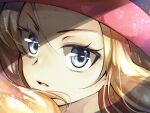  1girl bangs blonde_hair blue_eyes floating_hair hair_between_eyes hat highres long_hair looking_at_viewer open_mouth pokemon pokemon_(game) pokemon_xy portrait red_headwear serena_(pokemon) shiny shiny_hair solo yomogi_(black-elf) 