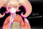  1girl bangs blonde_hair blush bow cat_hair_ornament closed_mouth commentary_request dangan_ronpa_(series) dangan_ronpa_2:_goodbye_despair eyebrows_visible_through_hair frown green_bow hair_bow hair_ornament halftone halftone_background hands_up hasai_min_to highres index_finger_raised japanese_clothes kimono long_hair long_sleeves looking_at_viewer obi polka_dot polka_dot_background saionji_hiyoko sash solo swept_bangs translation_request twintails upper_body wide_sleeves 