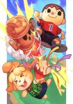  1boy 1girl aircraft animal_crossing animal_ears blue_sky blush_stickers chair condensation_trail day dog_ears dog_girl dog_tail eyebrows_visible_through_hair gyroid_(animal_crossing) hair_tie hankuri holding hankuri isabelle_(animal_crossing) sandals shirt short_hair short_sleeves shorts skirt sky smile super_smash_bros. tail topknot tree villager_(animal_crossing) 