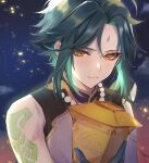  1boy arm_tattoo bead_necklace beads black_gloves closed_mouth facial_mark forehead_mark genshin_impact gloves green_hair gumilkx highres holding holding_lantern jewelry lantern male_focus necklace night outdoors sky sleeveless solo tattoo upper_body xiao_(genshin_impact) yellow_eyes 