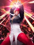  1boy arms_up bangs choker cropped_jacket dark_persona grin hair_over_one_eye hands_up highres official_art orochi_iori pants red_eyes red_pants redhead shirt smile snk solo the_king_of_fighters the_king_of_fighters_all-stars white_shirt yagami_iori yellow_eyes 