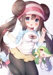  1girl :d bangs black_legwear blue_eyes blue_footwear bow breasts brown_hair commentary_request double_bun gen_5_pokemon highres holding holding_poke_ball jumping legwear_under_shorts long_hair looking_at_viewer medium_breasts momozu_komamochi open_mouth pantyhose poke_ball pokemon pokemon_(game) pokemon_bw2 raglan_sleeves rosa_(pokemon) shirt short_shorts shorts sidelocks signature simple_background smile snivy star_(symbol) twintails very_long_hair visor_cap white_background white_shirt wristband yellow_shorts 