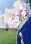  1girl abo_leen alternate_costume bangs blush breasts earrings feather_hair_ornament hololive hololive_indonesia indian_clothes jewelry long_hair looking_at_viewer open_mouth pavolia_reine side_ponytail silver_hair smile solo virtual_youtuber 