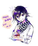  1boy bangs black_hair cake cake_slice checkered checkered_scarf commentary_request cropped_torso crown_print dangan_ronpa_(series) dangan_ronpa_v3:_killing_harmony dated food food_on_face hair_between_eyes happy_birthday highres holding holding_plate holding_spoon jacket long_sleeves looking_at_viewer male_focus mian_(nemu_0118) ouma_kokichi plate purple_hair scarf shiny shiny_hair short_hair simple_background solo spoon upper_body violet_eyes white_jacket 