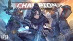  1girl 2boys apex_legends arm_up armor assault_rifle bandaged_arm bandages bangs belt bird black_hair bloodhound_(apex_legends) blue_eyes breasts commentary_request crow dark_skin dark_skinned_male electricity from_below gas_mask gibraltar_(apex_legends) gloves goggles gun hair_bun heirou highres holding holding_gun holding_weapon light_rays looking_at_viewer mask medium_breasts mouth_mask multiple_boys outdoors parted_bangs rifle rock scarf shield short_hair sky standing utility_belt weapon wraith_(apex_legends) 
