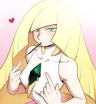  1girl bare_arms blonde_hair blush breasts collarbone commentary_request dress fingernails food gem green_eyes hands_up heart highres index_fingers_raised long_hair looking_at_viewer lusamine_(pokemon) mouth_hold multicolored_hair nutkingcall pocky pokemon pokemon_(game) pokemon_sm sleeveless sleeveless_dress solo streaked_hair upper_body 