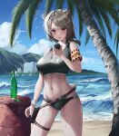  1girl absinthe_(arknights) absurdres animal_ears arknights armband bangs bare_arms bare_shoulders beach bear_ears blue_sky bottle breasts chun_bae clouds commentary_request cowboy_shot day grey_hair hand_up highres holding large_breasts looking_at_viewer navel ocean outdoors palm_tree parted_lips red_eyes short_hair sky solo sports_bra standing stomach thigh_strap thighs tree water wristband 