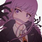  1girl bangs black_gloves black_jacket blunt_bangs blurry blurry_foreground braid commentary_request dangan_ronpa:_trigger_happy_havoc dangan_ronpa_(series) eyebrows_visible_through_hair face gloves grey_background hair_ornament highres hood jacket kirigiri_kyouko long_hair long_sleeves looking_at_viewer necktie nerine_fujikawa purple_hair ribbon shirt side_braid simple_background single_braid solo upper_body violet_eyes white_shirt 