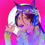  1girl alternate_costume animal_ears artist_request asirpa bandana black_hair blue_eyes blue_nails brain contemporary eating eyebrows_visible_through_hair fangs faux_(jojo75603535) fingernails flame_print golden_kamuy hair_between_eyes hand_on_own_face headphones highres holding holding_spoon jewelry long_fingernails long_hair long_sleeves looking_at_viewer off_shoulder open_mouth pin pink_background ring signature smiley_face solo spoon sticker_on_face 