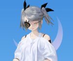  1girl black_ribbon blue_background charles_(106858) clothing_cutout crescent eyepatch grey_hair hair_ribbon highres original ribbon shadow shirt short_hair short_sleeves shoulder_cutout solo upper_body white_shirt yellow_eyes 