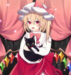  +_+ 1girl :d adapted_costume animal bangs black_cat blonde_hair bow bowtie cat crystal curtains dress eyebrows_visible_through_hair fang flandre_scarlet hair_between_eyes hat hat_bow highres holding holding_animal long_sleeves looking_at_viewer mob_cap one_side_up open_mouth pink_bow pink_neckwear red_bow red_skirt short_hair skin_fang skirt smile solo star_(symbol) touhou upper_body white_dress white_headwear wings yurui_tuhu 