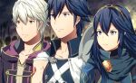  1girl 2boys ameno_(a_meno0) blue_eyes blue_hair brown_eyes chrom_(fire_emblem) fire_emblem fire_emblem_awakening frown hair_between_eyes long_hair lucina_(fire_emblem) multiple_boys robin_(fire_emblem) robin_(fire_emblem)_(male) short_hair sleeveless symbol-shaped_pupils tiara white_hair 