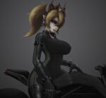  1girl biker_clothes bikesuit black_bodysuit black_collar black_footwear black_gloves blonde_hair blue_eyes bodysuit boots bowsette bracelet breasts collar commentary crown earrings english_commentary full-length_zipper gloves green_bodysuit ground_vehicle horns imp_(impractical) jewelry large_breasts leather leather_boots leather_gloves lips long_hair super_mario_bros. motor_vehicle motorcycle multicolored multicolored_bodysuit multicolored_clothes new_super_mario_bros._u_deluxe nose on_motorcycle pointy_ears ponytail solo spiked_armlet spiked_bracelet spiked_collar spikes striped super_crown thigh-highs thigh_boots vertical_stripes zipper zipper_footwear 