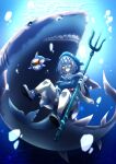  1girl abs_connoisseur absurdres animal_hood bangs black_eyes bloop_(gawr_gura) blue_hair blunt_bangs blush bubble fish_tail gawr_gura highres holding holding_weapon hololive hololive_english hood hoodie looking_at_viewer multicolored_hair polearm shark shark_hood shark_tail sharp_teeth silver_hair solo streaked_hair tail teeth trident underwater virtual_youtuber weapon 