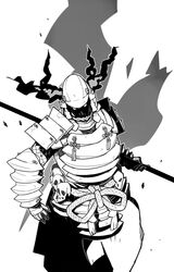  1boy armor belt breastplate crack full_armor greyscale helmet highres holding holding_polearm holding_weapon japanese_armor kabuto kometsubu male_focus monochrome original outline pauldrons polearm rope_belt samurai shoulder_armor skull solo vambraces weapon white_outline 