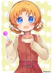  1girl bangs blue_eyes border braid brown_dress brown_shirt candy casual commentary dress eyebrows_visible_through_hair food girls_und_panzer hair_ornament highres holding holding_candy holding_food holding_lollipop lollipop long_sleeves looking_at_viewer namatyoco open_mouth orange_hair orange_pekoe_(girls_und_panzer) outline parted_bangs pinafore_dress red_sash sash shirt short_hair sleeves_past_wrists smile solo starry_background tied_hair twin_braids twitter_username upper_body white_border white_outline yellow_background 