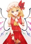  1girl absurdres ascot bangs blonde_hair bow bright_pupils buttons commentary cowboy_shot crystal dress_shirt eyebrows_visible_through_hair fangs finger_to_face finger_to_mouth finger_to_own_chin flandre_scarlet frilled_bow frilled_cuffs frilled_shirt_collar frilled_sleeves frills hand_up hat hat_bow hat_ribbon head_tilt highres holding holding_stuffed_toy index_finger_raised looking_at_viewer medium_hair mob_cap open_mouth puffy_short_sleeves puffy_sleeves red_bow red_eyes red_ribbon red_skirt red_vest ribbon shirt short_hair short_sleeves sidelocks simple_background skirt smile solo somei_ooo stuffed_animal stuffed_toy stuffing teddy_bear touhou tsurime vest white_background white_pupils white_shirt wings wrist_cuffs yellow_neckwear 