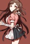  1girl apron bandaged_arm bandages bangs black_skirt blunt_bangs blush breasts brown_hair closed_mouth commentary_request cowboy_shot dangan_ronpa_(series) dangan_ronpa_2:_goodbye_despair eyebrows_visible_through_hair from_side frown long_hair looking_at_viewer looking_back medium_breasts miniskirt mole mole_under_eye nurse open_mouth pink_shirt pleated_skirt puffy_short_sleeves puffy_sleeves purple_hair red_background red_eyes ribbon shindyushiyou shirt shirt_tucked_in short_sleeves simple_background skirt solo tears tsumiki_mikan violet_eyes white_apron 