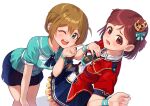  2girls aoba_misaki aqua_eyes baba_konomi bangs braid brown_eyes brown_hair crown idolmaster idolmaster_million_live! idolmaster_million_live!_theater_days kamille_(vcx68) long_hair looking_at_viewer mini_crown multiple_girls one_eye_closed open_mouth short_hair simple_background single_braid smile tears two_side_up white_background 