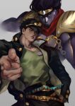  1boy armor belt black_hair blue_eyes chain circlet colored_skin earrings foreshortening gakuran hand_in_pocket hat highres jewelry jojo_no_kimyou_na_bouken kujo_jotaro kzhma long_coat looking_at_viewer male_focus multiple_boys pointing pointing_at_viewer purple_skin school_uniform shoulder_armor shoulder_pads simple_background stand_(jojo) star_platinum toned toned_male 