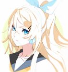  1girl alternate_hair_length alternate_hairstyle black_sailor_collar blonde_hair blue_eyes blurry blurry_foreground circle close-up collarbone depth_of_field expressionless eyelashes face facing_away grey_background hair_between_eyes hair_ornament hair_ribbon hairclip headset high_ponytail kagamine_rin long_hair looking_at_viewer looking_to_the_side motu0505 parted_lips ribbon sailor_collar shiny shiny_hair simple_background solo tareme two-tone_background upper_body vocaloid white_ribbon yellow_background yellow_neckwear 