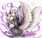  1girl animal_ears aura closed_mouth dark_aura eating fire_emblem fire_emblem_awakening fire_emblem_heroes food fur_trim gloves grima_(fire_emblem) halloween_costume highres holding holding_spoon long_sleeves paw_gloves paws pudding red_eyes robin_(fire_emblem) robin_(fire_emblem)_(female) shorts solo spoon squatting tail thigh_strap twintails usausanopopo5 white_hair wolf_ears wolf_tail 