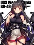 18bit 1girl absurdres anchor_symbol azur_lane bangs bare_shoulders black_dress black_gloves black_hair breasts cannon character_name coat cowboy_shot detached_sleeves dress earrings eyebrows_visible_through_hair gloves hair_between_eyes half_gloves high_collar highres jewelry large_breasts long_hair machinery mast mole mole_under_eye off_shoulder red_eyes rigging smokestack solo standing thighs turret very_long_hair west_virginia_(azur_lane) wide_sleeves 