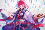  1boy animal_on_shoulder bird bird_on_shoulder birthday blue_kimono character_name commentary dated english_text ensemble_stars! haori highres holding holding_brush japanese_clothes kimono layered_clothing layered_kimono looking_at_viewer male_focus multicolored_hair o-ishi obi obiage obijime redhead sakasaki_natsume sash short_hair simple_background smile solo symbol_commentary tagme two-tone_hair upper_body watermark white_background white_hair yellow_eyes 