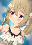  1girl bangs bare_shoulders bikini blue_sky blush brown_hair closed_mouth clouds cloudy_sky collarbone commentary_request day dutch_angle eyebrows_visible_through_hair flower flugelhorn granblue_fantasy hair_between_eyes hair_flower hair_ornament harvin highres holding holding_instrument instrument long_hair looking_at_viewer mimlememel outdoors pointy_ears ponytail sidelocks sky solo swimsuit uneg upper_body violet_eyes white_bikini white_flower 