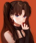  1girl black_hair blue_eyes detached_sleeves earrings fate/stay_night fate_(series) gem hair_ribbon jewelry licking_lips long_hair red_background ribbon shiny shiny_hair siino simple_background solo tohsaka_rin tongue tongue_out twintails 