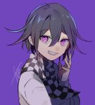  1boy bangs black_hair checkered checkered_scarf commentary_request dangan_ronpa_(series) dangan_ronpa_v3:_killing_harmony eyebrows_visible_through_hair flipped_hair from_side grin hair_between_eyes hand_up huyuharu0214 jacket long_sleeves looking_at_viewer male_focus ouma_kokichi purple_background purple_hair purple_theme scarf signature simple_background smile solo upper_body violet_eyes 