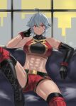  1girl abs ahoge breasts city couch dana_zane gloves grin highres hun_yan looking_at_viewer muscular muscular_female red_eyes short_hair sitting smile solo thighs toned va-11_hall-a white_hair window wrestling_outfit 