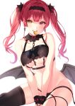  1girl bare_shoulders breasts clenched_teeth coin heterochromia highres hololive houshou_marine kirushi_(killcy) looking_at_viewer mouth_hold red_eyes redhead simple_background sitting teeth thigh-highs thighs twintails under_boob virtual_youtuber white_background yellow_eyes 