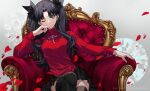  1girl armchair black_hair black_ribbon black_skirt chair fate/stay_night fate_(series) green_eyes hair_ribbon long_hair one_eye_closed petals red_sweater ribbon sitting skirt solo sweater tohsaka_rin twintails yaoshi_jun 