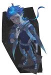  1boy beads blue_hair bodysuit_under_clothes bracelet braid braided_ponytail cape child clothing_cutout cu_chulainn_(fate)_(all) earrings fate/grand_order fate/grand_order_arcade fate_(series) floating_hair from_above frown full_body hair_beads hair_ornament highres holding holding_staff jewelry long_hair looking_at_viewer male_focus pants red_eyes ryuou_oohashi sandals setanta_(fate) skin_tight solo spiky_hair staff thigh_cutout 
