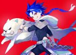  1boy angry animal belt blue_hair bodysuit_under_clothes bone bracelet braid braided_ponytail capelet child clothing_cutout cu_chulainn_(fate)_(all) dagger dog earrings fate/grand_order fate/grand_order_arcade fate_(series) floating_hair from_side fur grin highres holding holding_dagger holding_weapon hood hood_down hooded_capelet jewelry long_hair long_sleeves looking_at_viewer male_focus puppy red_background red_eyes scabbard setanta_(fate) sheath simple_background skin_tight slit_pupils smile spiky_hair tetsu_(teppei) thigh_cutout weapon 
