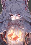  1girl bow commentary_request eyebrows_visible_through_hair fall_dommmmmer fire fujiwara_no_mokou hair_between_eyes hair_bow highres long_hair long_sleeves looking_at_viewer red_eyes shirt solo touhou white_bow white_hair white_shirt 