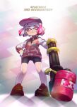  1girl bangs baseball_cap bike_shorts black_headwear black_shorts blunt_bangs bob_cut bright_pupils closed_mouth commentary copyright_name domino_mask english_text full_body hand_on_hip hat heavy_splatling_(splatoon) highres holding holding_weapon inkling inkling_(language) jacket letterman_jacket long_sleeves looking_at_viewer mask pink_eyes pink_hair pointy_ears red_footwear red_jacket shoes short_hair shorts single_vertical_stripe smile sneakers solo splatoon_(series) splatoon_2 standing tentacle_hair weapon white_pupils yamagishi_chihiro 