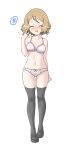  1girl absurdres arm_behind_back bangs black_footwear black_legwear blush bra closed_eyes collarbone commentary_request eyelashes flying_sweatdrops full_body hand_up highres knees light_brown_hair lingerie navel open_mouth panties pokemon pokemon_(anime) pokemon_xy_(anime) raised_eyebrows serena_(pokemon) shoes short_hair solo tax2rin thigh-highs thigh_gap underwear white_bra white_panties 