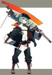  1girl black_headwear black_jacket boots brown_gloves eyebrows_visible_through_hair frills gloves green_eyes green_hair hat highres holding holding_sword holding_weapon jacket kometsubu long_sleeves open_clothes open_jacket original over_shoulder padded_jacket short_hair sleeves_past_wrists solo standing sword sword_over_shoulder weapon weapon_over_shoulder white_gloves wide_sleeves 