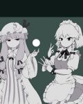  2girls apron blue_eyes bow collar dark_background expressionless eyebrows_visible_through_hair floating green_background hair_bow hair_ribbon hat hat_ribbon highres holding holding_knife izayoi_sakuya knife knives_between_fingers long_hair maid maid_apron maid_headdress mob_cap multiple_girls neck_ribbon orb patchouli_knowledge ribbon short_sleeves spot_color striped_clothes touhou v violet_eyes wide_sleeves wrist_cuffs yukihiko_(sky_sleep) 