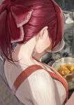  1girl alternate_costume alternate_hairstyle breasts cooking from_behind highres hololive houshou_marine long_hair medium_breasts musunde_hiraite_(mh5jta) nape neck ponytail redhead ribbon solo virtual_youtuber 