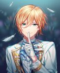 1boy bangs blurry blurry_background bow bowtie commentary_request depth_of_field doomie1 dress_shirt ensemble_stars! feathers finger_to_mouth gloves hair_between_eyes highres index_finger_raised jacket long_sleeves looking_at_viewer male_focus neck_ribbon open_clothes open_jacket ribbon shirt short_hair smile solo tenshouin_eichi upper_body white_feathers white_gloves white_jacket white_ribbon