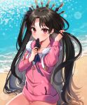  1girl bangs beach black_hair black_ribbon blurry blush bokeh closed_mouth commentary_request day depth_of_field eyebrows_visible_through_hair fate/grand_order fate_(series) fur-trimmed_jacket fur_trim hair_ribbon highres holding holding_ribbon hood hood_down hooded_jacket ishtar_(fate)_(all) ishtar_(swimsuit_rider)_(fate) jacket long_hair long_sleeves looking_at_viewer ocean on_ground one_side_up outdoors parted_bangs pink_jacket red_eyes ribbon sitting solo tying_hair very_long_hair water zhi_(yammycheese) zipper_pull_tab 