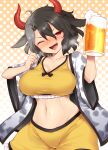  1girl alcohol beer beer_mug black_hair blush bra breasts cow_girl cow_horns cup drunk harusame_(unmei_no_ikasumi) horns large_breasts mug multicolored_hair navel shorts touhou two-tone_hair underwear ushizaki_urumi white_hair yellow_bra yellow_shorts 