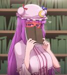  1girl bangs blue_ribbon blunt_bangs blush book bookshelf capelet commentary covering_face crescent crescent_pin english_commentary full-face_blush hat hat_ribbon highres long_hair looking_at_viewer mata_(matasoup) mob_cap patchouli_knowledge purple_hair red_ribbon ribbon robe solo touhou very_long_hair violet_eyes 