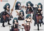  1girl blood blood_on_face bloody_weapon blue_eyes blush boots bra breasts byleth_(fire_emblem) byleth_eisner_(female) closed_eyes cup dagger english_text fire_emblem fire_emblem:_three_houses green_hair grey_background high_heel_boots high_heels highres holding holding_weapon jacket jacket_on_shoulders kinkymation large_breasts long_hair looking_at_viewer messy_hair navel open_mouth patreon_username quill simple_background sitting smile stance sword_of_the_creator table teacup thigh-highs underwear weapon 