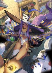  1girl ainezu animal_ears bangs bracelet breasts broom broom_riding dark_skin dark-skinned_female earrings facepaint facial_mark fate/grand_order fate_(series) halter_top halterneck hat hoop_earrings jackal_ears jewelry long_hair looking_at_viewer low-tied_long_hair medium_breasts medjed_(fate) nitocris_(fate) purple_hair sidelocks usekh_collar very_long_hair violet_eyes witch_hat 